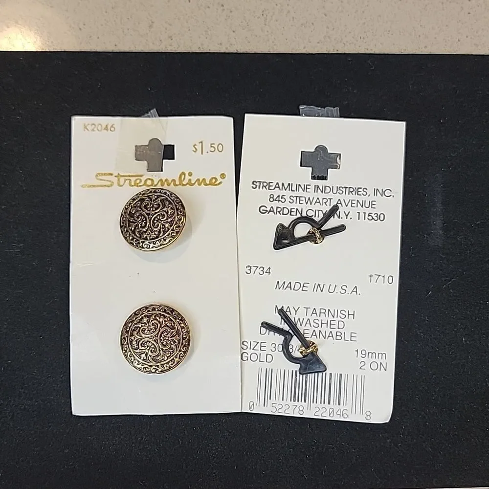 Streamline Vintage Gold Metal Buttons Card Set of 2 #K2046